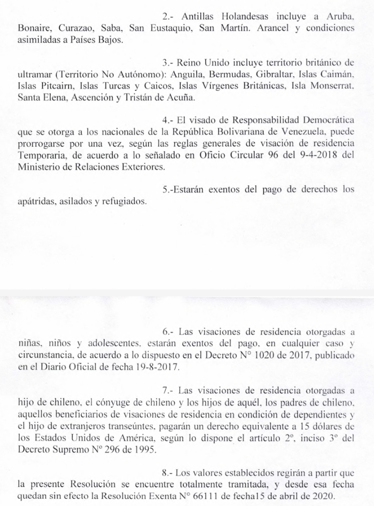 Extracto de la Resolución que regula los aranceles de Residencia Temporal en Chile